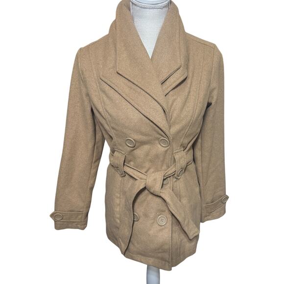 JouJou Camel Double-Breasted Trench Coat belted peacoat beige sz M soft warm - Picture 1 of 10